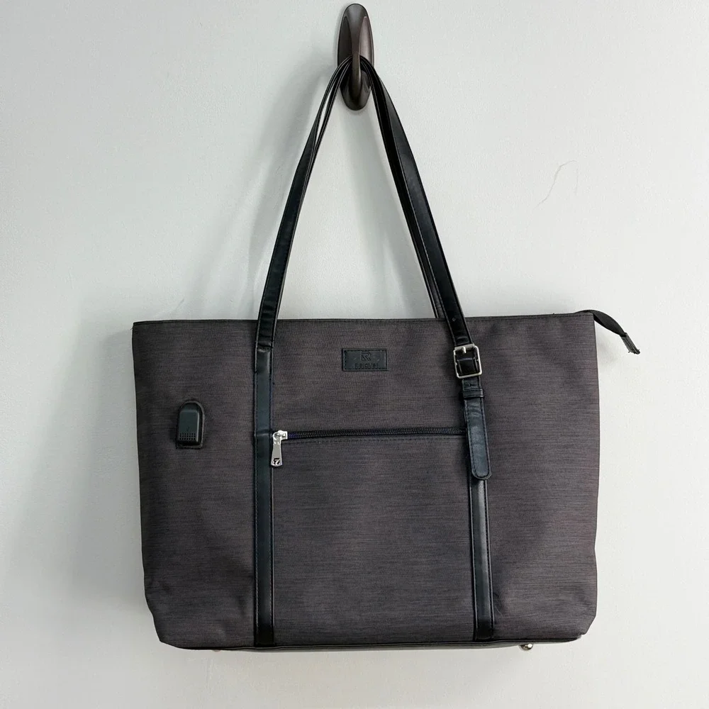 Relavel Laptop Tote Bag Womens Large Gray/Black Corporate Office USB GUC